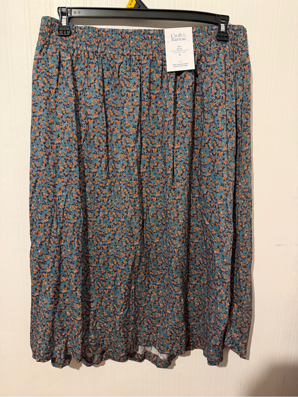 Croft & Barrow Teal Floral Elastic-Waist Midi Skirt XL